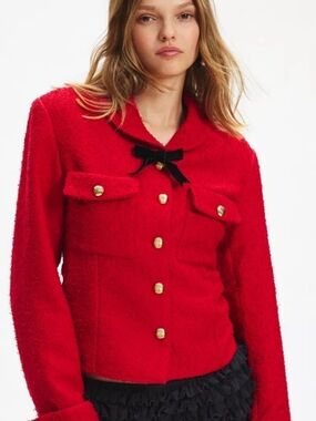NWT Sister Jane Poise Bow Detail Boucle Lady Jacket in Ruby Red — size XL